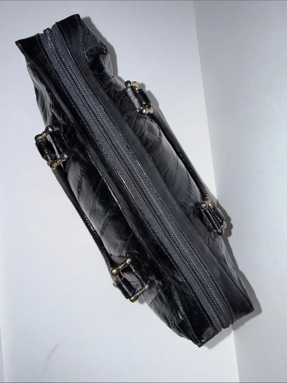 Vintage 80’s Black Eel Leather Accordion Satchel with Gold Hardware